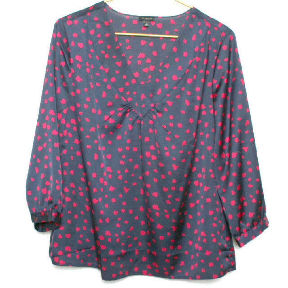 Talbots Navy Blue Pink VNeck Blouse Size 14 (n10)